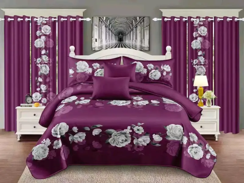 Juego de Cama Floral con Cortinas Rosadas - 4