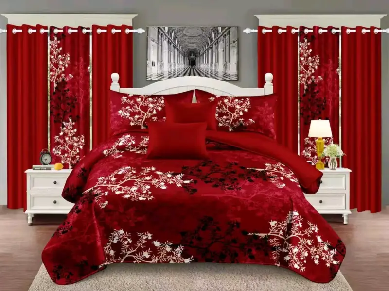 Juego de Cama Floral con Cortinas Rosadas - 5