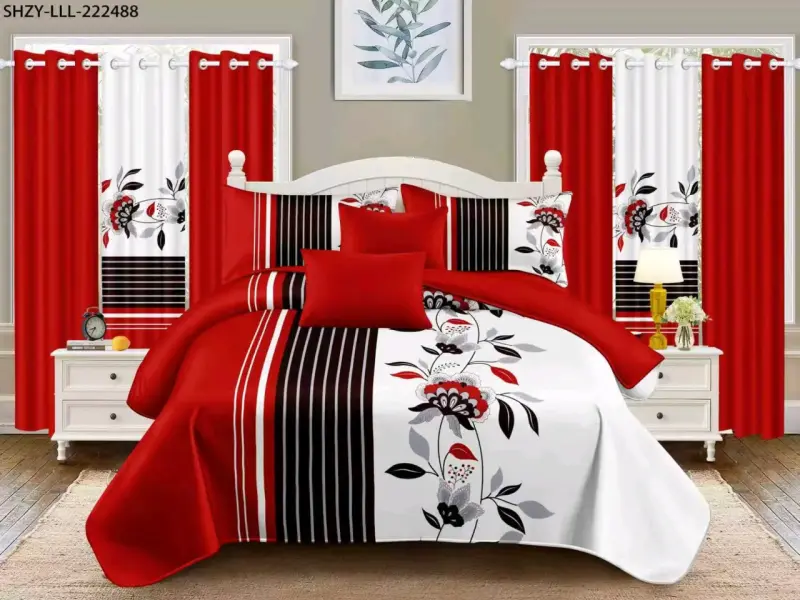 Juego de Cama Floral con Cortinas Rosadas - 6