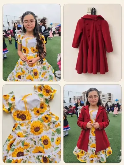 Vestido infantil con girasoles y abrigo rojo - miniatura 1