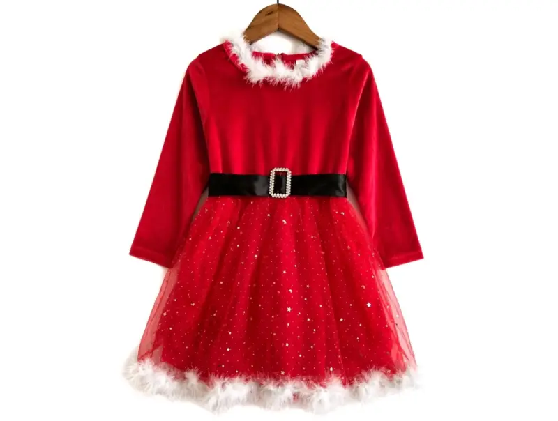 Vestido navideño infantil rojo con cinturón