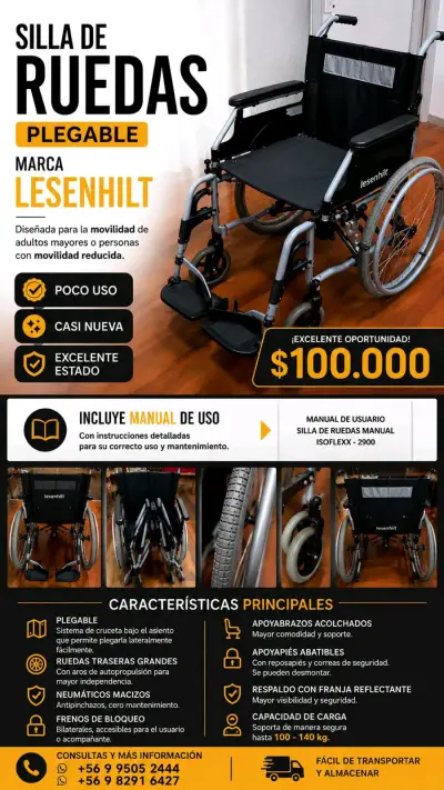 Silla de ruedas plegable Lesenhil en excelente estado - miniatura 1