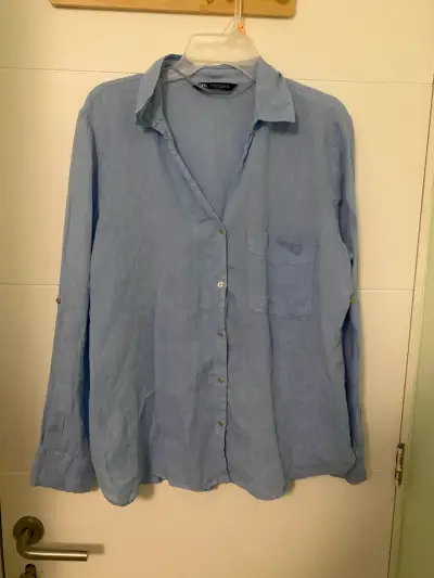 Camisa azul de lino Zara para mujer - miniatura 1