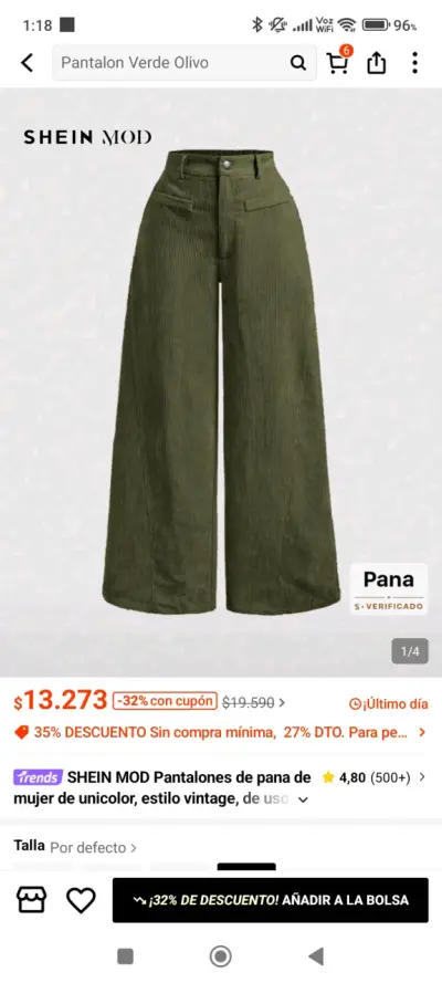 Pantalones de pana verde olivo Shein para mujer - miniatura 1
