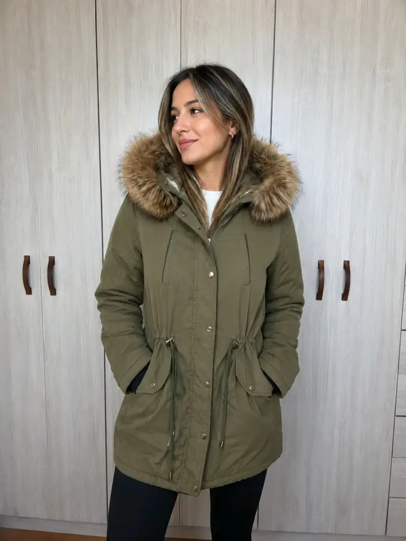 Parka de mujer verde con capucha de piel sintética - 1