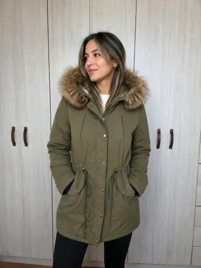 Parka de mujer verde con capucha de piel sintética - miniatura 1