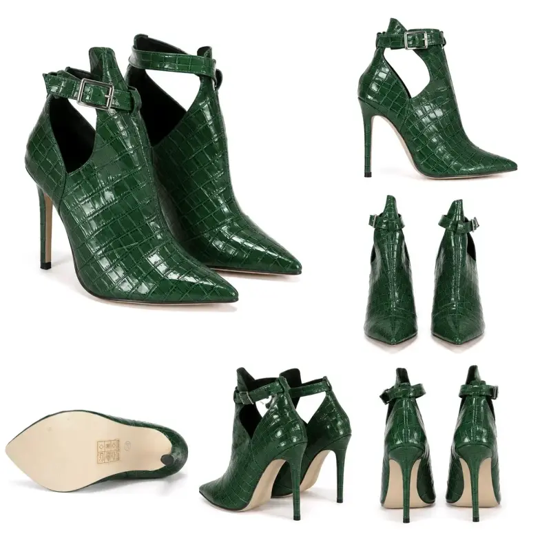 Botines de tacón alto verde con textura de cocodrilo - 2