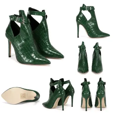 Botines de tacón alto verde con textura de cocodrilo - miniatura 2