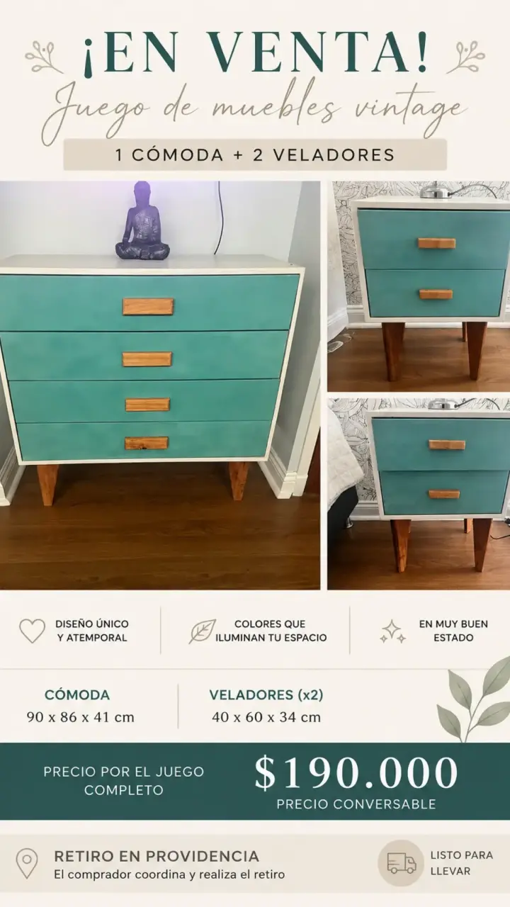 Juego de muebles vintage con cómoda y veladores - 1