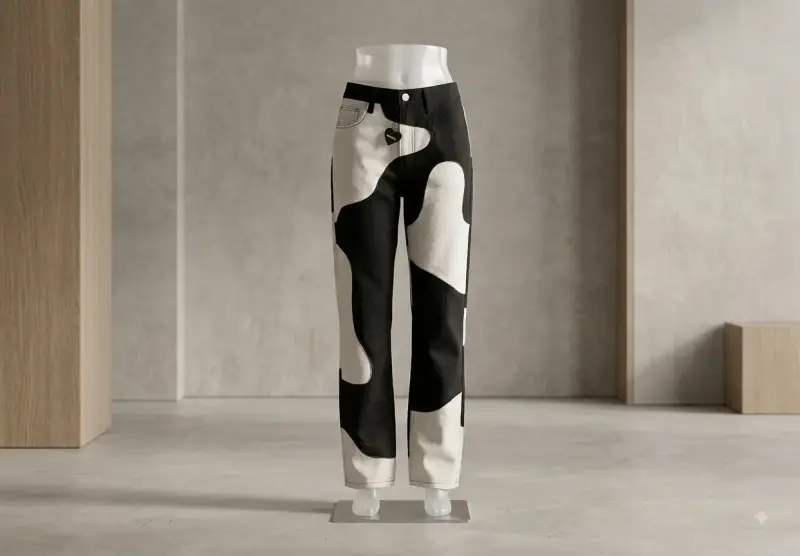 Pantalones de mezclilla blanco y negro con diseño abstracto