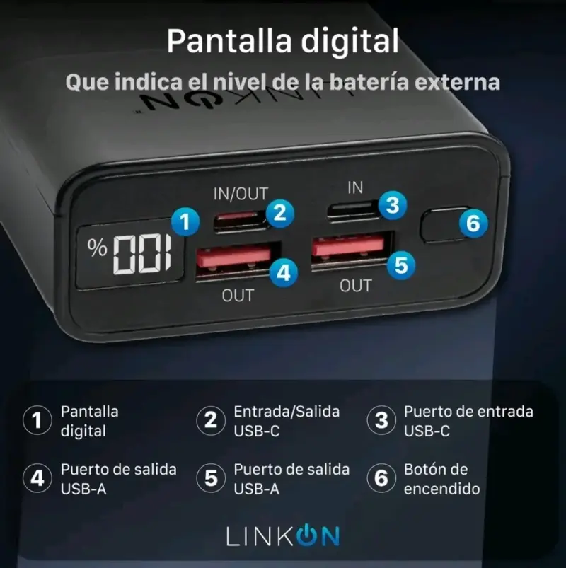 Power Bank Linkon 20000mAh con Pantalla Digital - 3