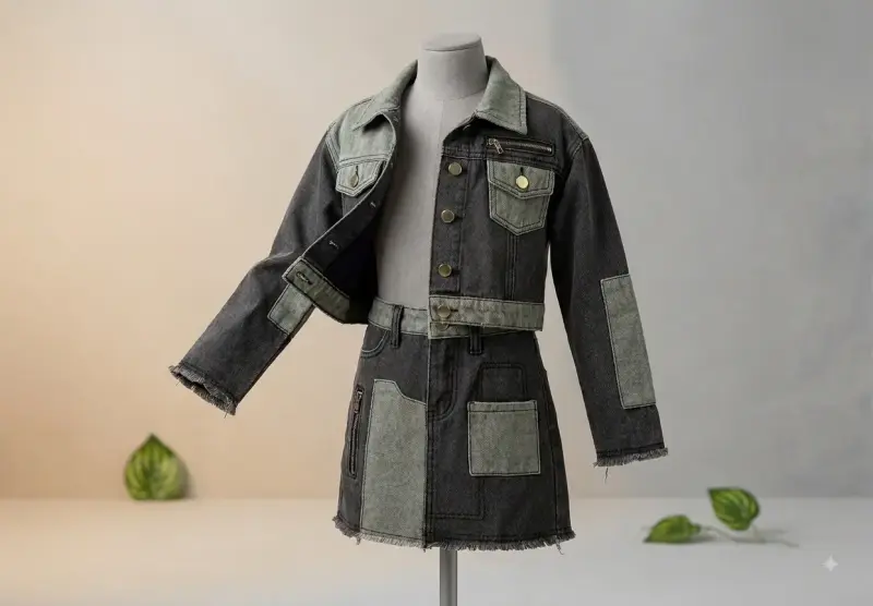 Conjunto mezclilla para niña con chaqueta y falda