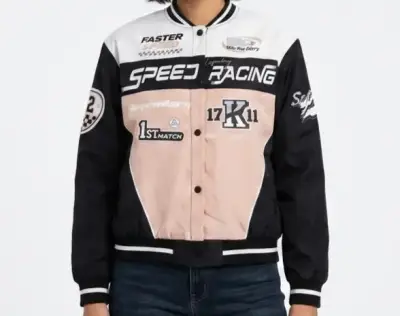 Chaqueta estilo racing negra y beige con parches - miniatura 1