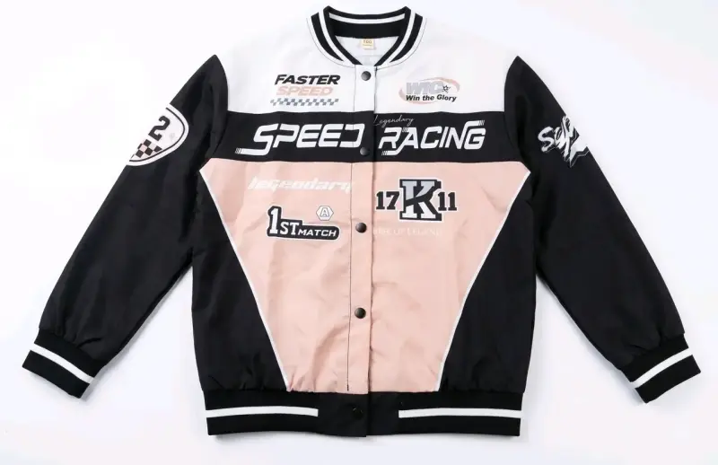 Chaqueta estilo racing negra y beige con parches - 2