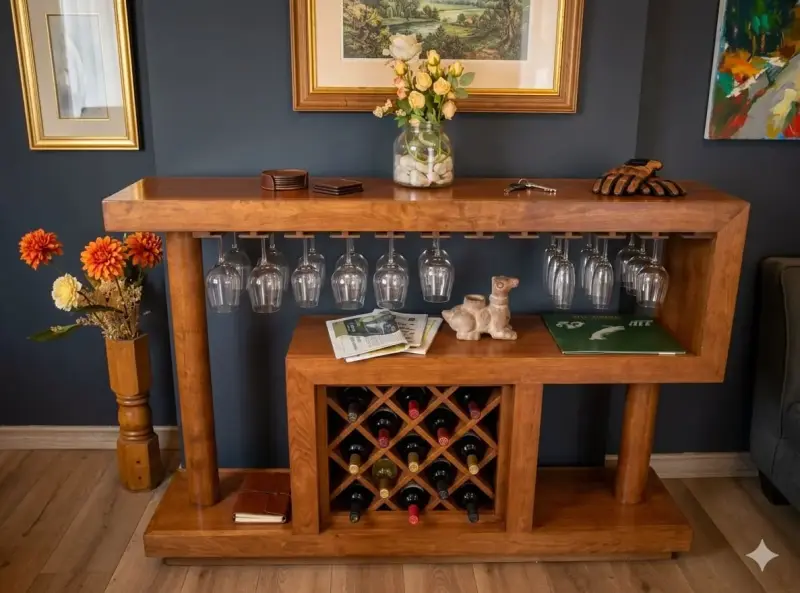 Bar de madera con estante para copas y botellas - 1
