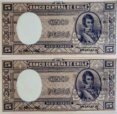 Billetes antiguos de 5 pesos chilenos Banco Central - miniatura 1