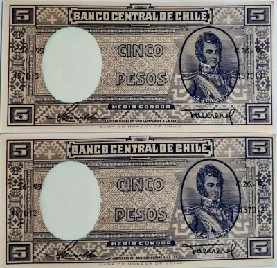 Billetes antiguos de 5 pesos chilenos Banco Central - miniatura 3