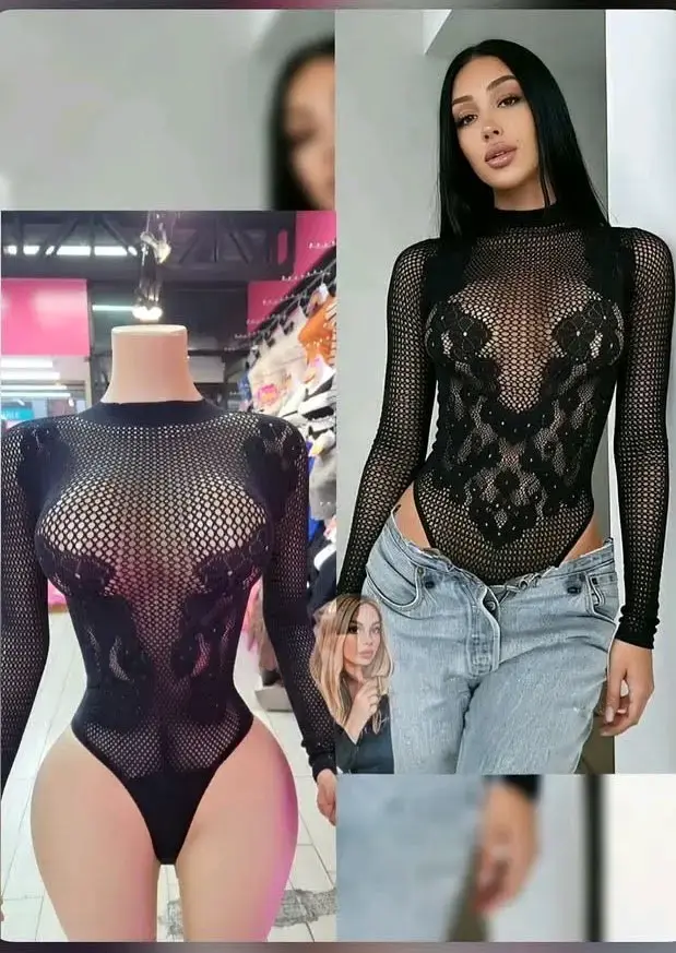 Body de encaje negro transparente para mujer