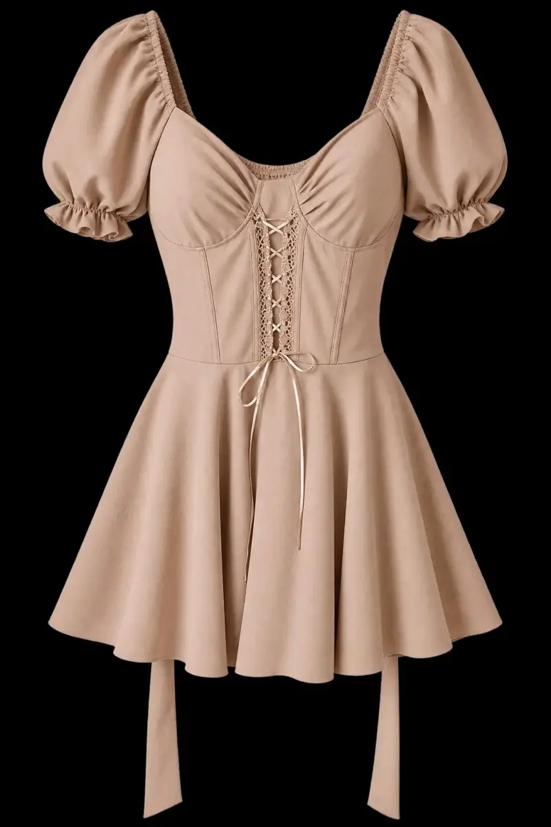 Vestido corto beige con mangas abullonadas