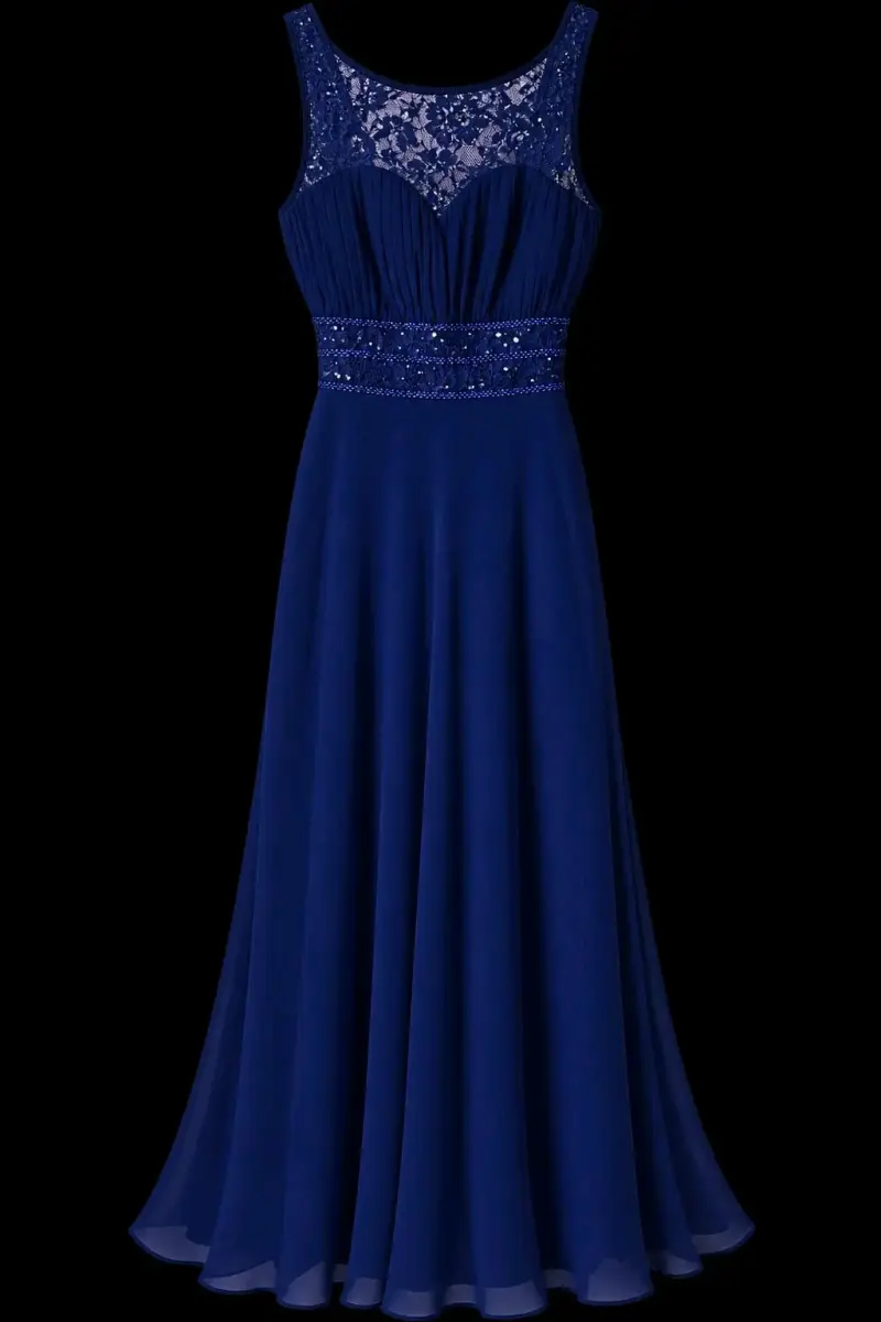 Vestido de noche azul con encaje y pedrería