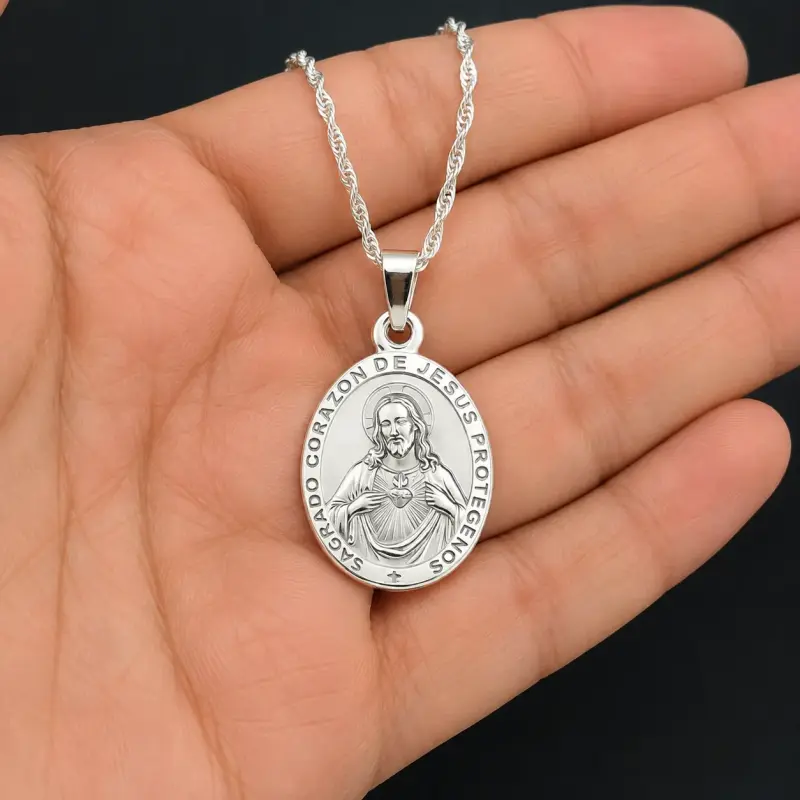 Medalla Sagrado Corazón de Jesús De Plata + Cadena - 2