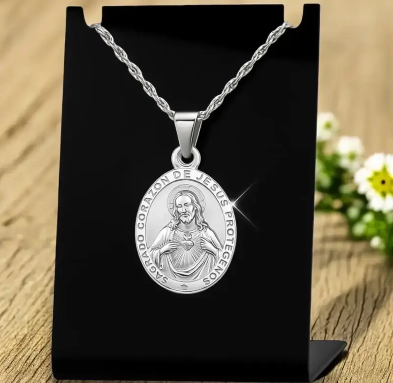 Medalla Sagrado Corazón de Jesús De Plata + Cadena - 3