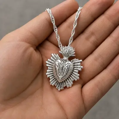 Colgante Sagrado Corazón Detente De Plata + Cadena - miniatura 2