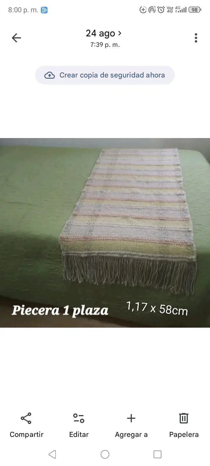 Piecera Lana Natural 1 plaza con flecos