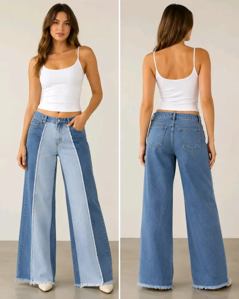 Jeans anchos de mezclilla con diseño bicolor - 1