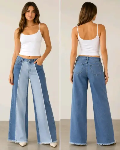 Jeans anchos de mezclilla con diseño bicolor - miniatura 1