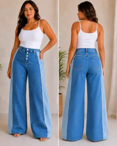 Jeans anchos de mezclilla con diseño bicolor - miniatura 2