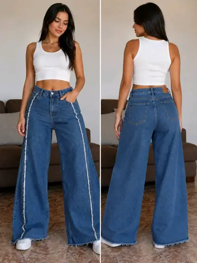 Jeans anchos de mezclilla con diseño bicolor - miniatura 3