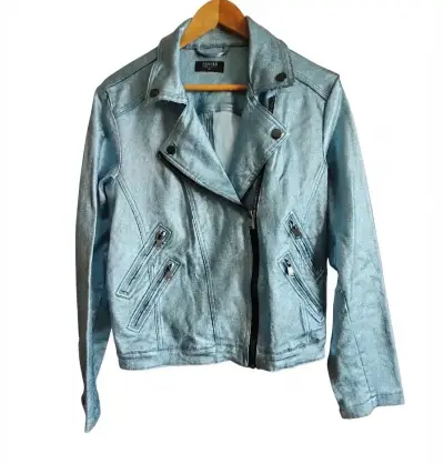 Chaqueta de cuero sintético azul metálico para mujer - miniatura 1