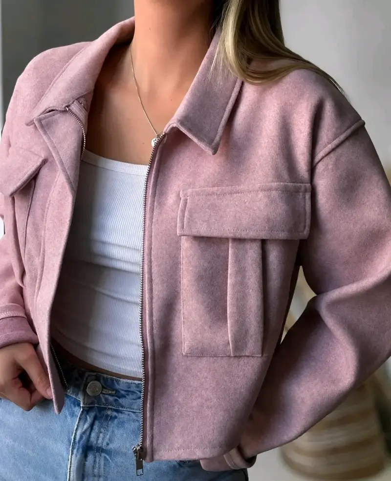 Chaqueta corta de lana rosa para mujer - 3