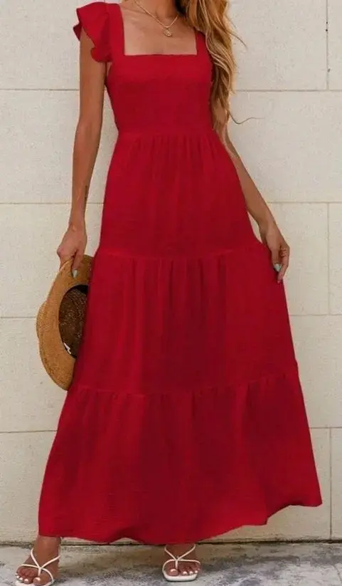 Vestido largo rojo con volantes - 3