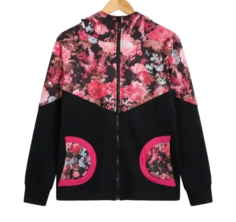Poleron con cierre y capucha floral para mujer - 1