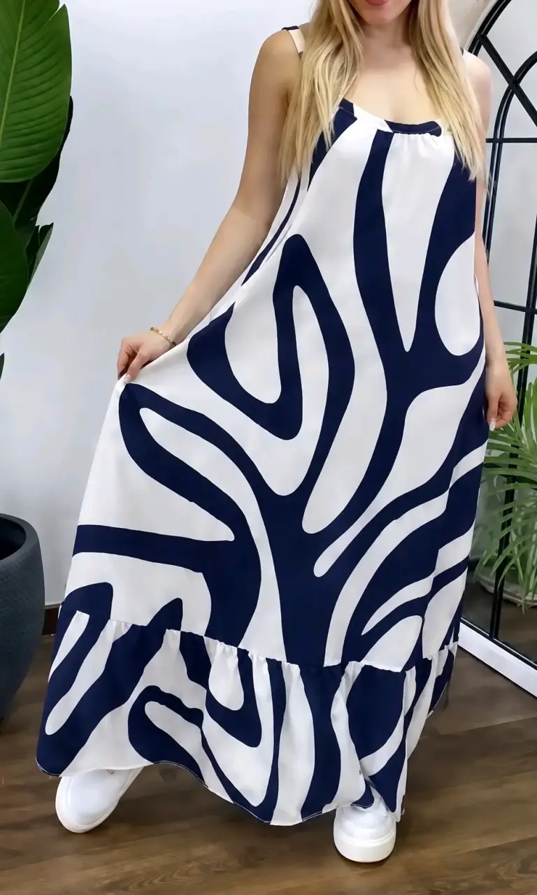 Vestido largo estampado azul y blanco - 3