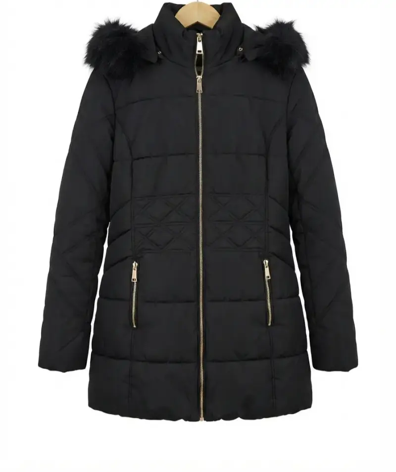 Parka negra con capucha de piel sintética para mujer - 1