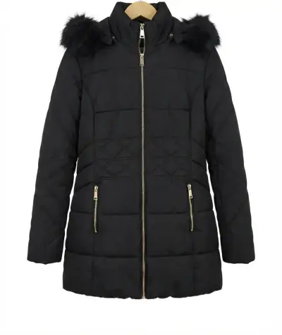Parka negra con capucha de piel sintética para mujer - miniatura 1