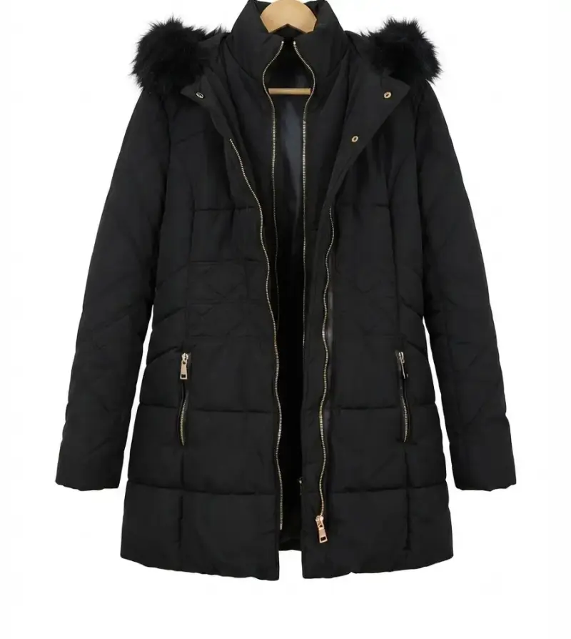 Parka negra con capucha de piel sintética para mujer - 2