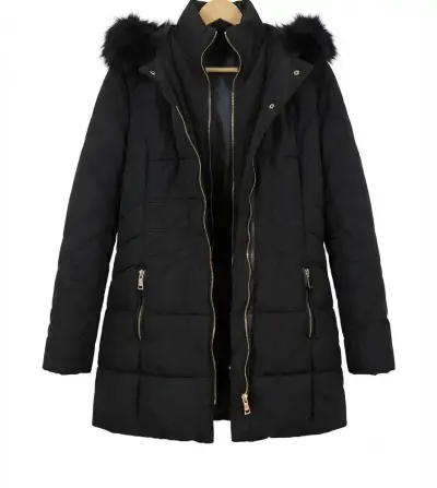 Parka negra con capucha de piel sintética para mujer - miniatura 2