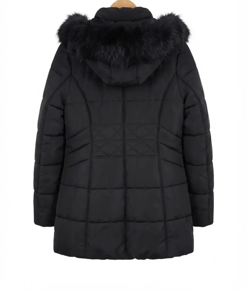 Parka negra con capucha de piel sintética para mujer - 3