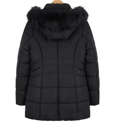 Parka negra con capucha de piel sintética para mujer - miniatura 3