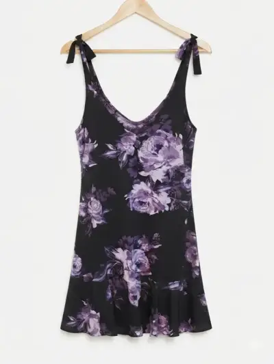 Vestido floral negro con lazos en los hombros - miniatura 1