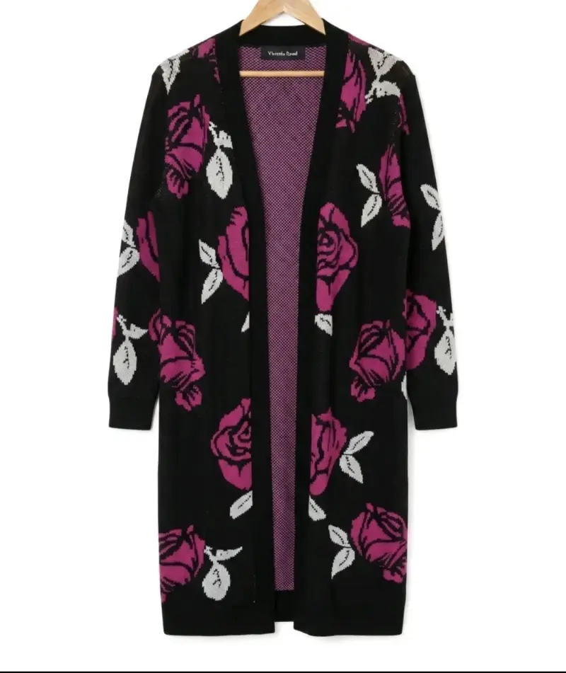 Cardigan largo floral negro y fucsia