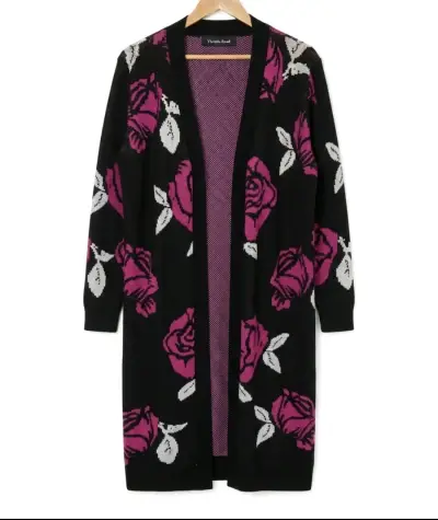 Cardigan largo floral negro y fucsia - miniatura 1