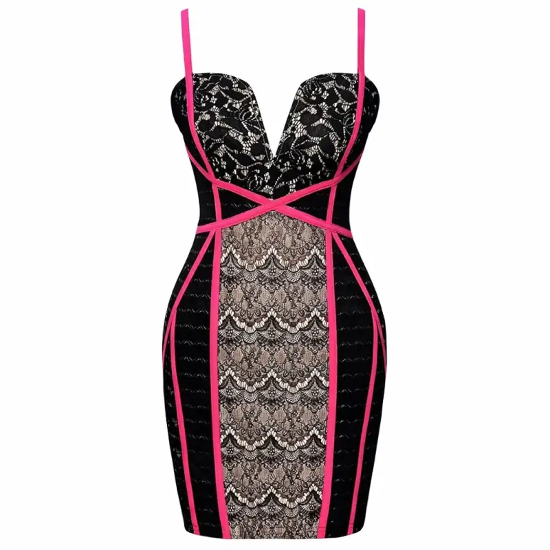 Vestido ajustado de encaje negro con detalles fuc