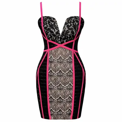 Vestido ajustado de encaje negro con detalles fuc - miniatura 1