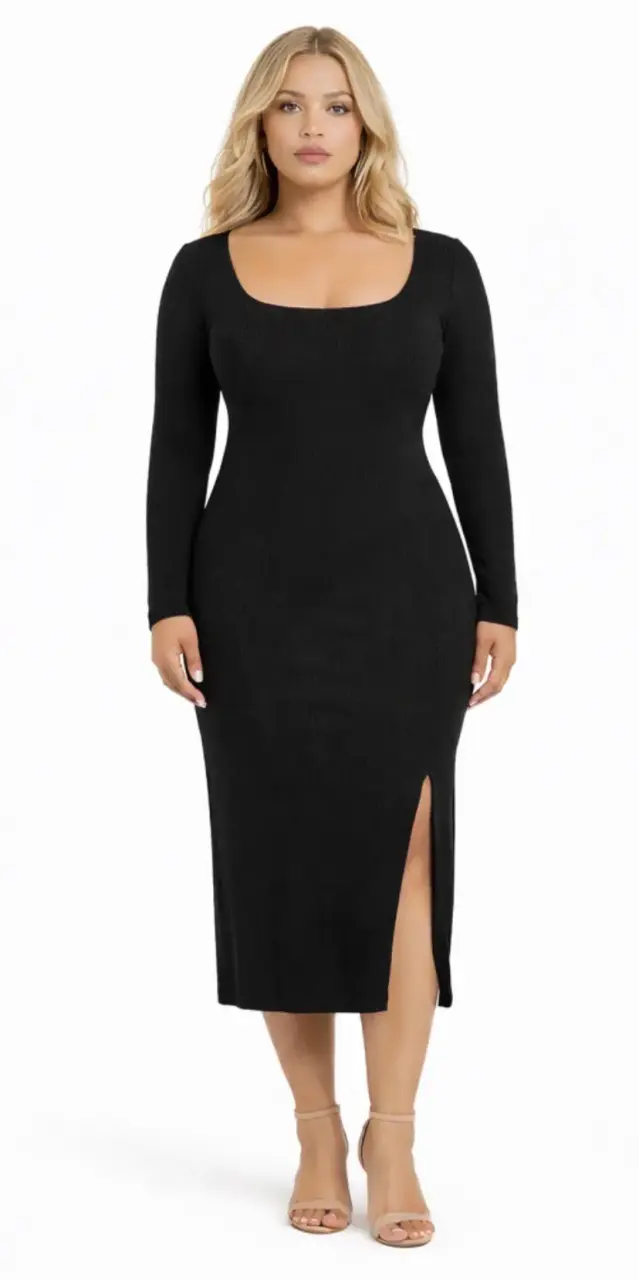 Vestido lanilla midi negro ajustado manga larga