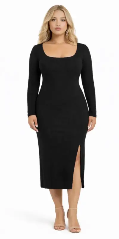 Vestido lanilla midi negro ajustado manga larga - miniatura 1
